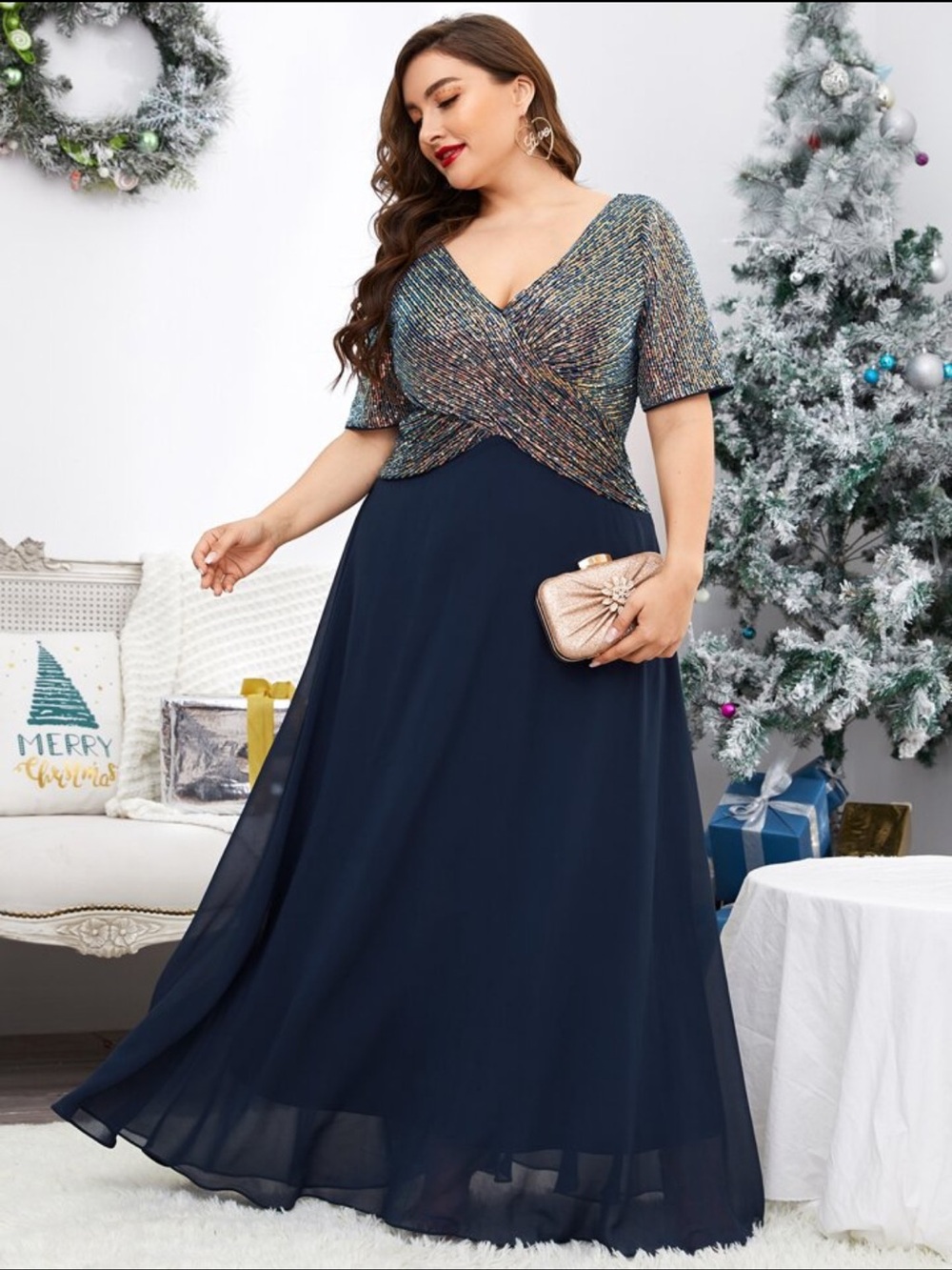 Plus Size SHEIN Curve Navy Blue Sequin Wrap Bodice Evening Dress 5XL